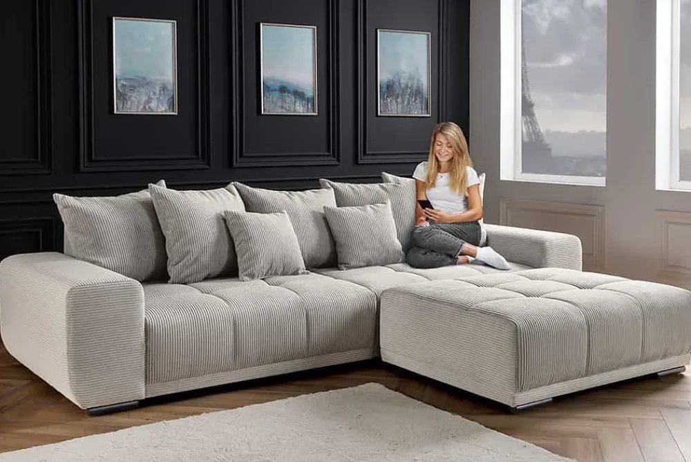 Riess-Ambiente Skandinavisch|Xxl Sofa > Modernes XXL Sofa ELEGANCIA 285cm champagner beige Cord inklusive Kissen Bigsofa