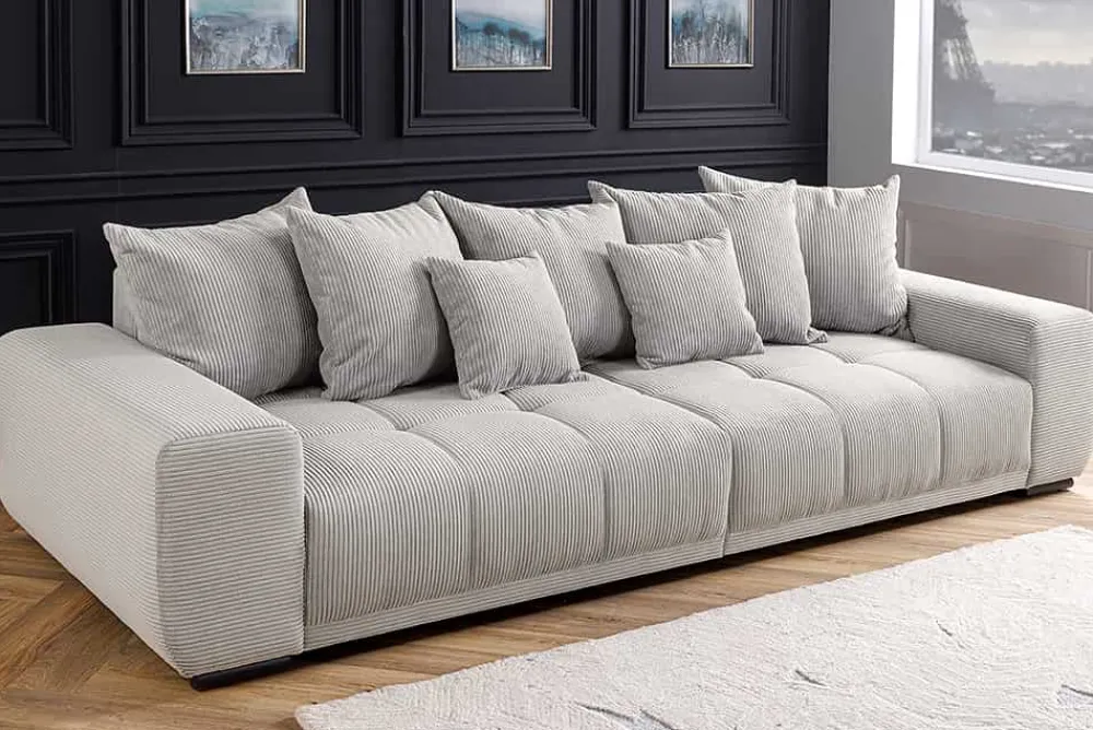 Riess-Ambiente Skandinavisch|Xxl Sofa > Modernes XXL Sofa ELEGANCIA 285cm champagner beige Cord inklusive Kissen Bigsofa