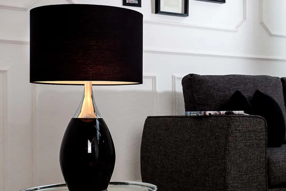 Riess-Ambiente Tischlampen > Moderne Tischlampe CARLA 60cm schwarz silber mit Leinenschirm