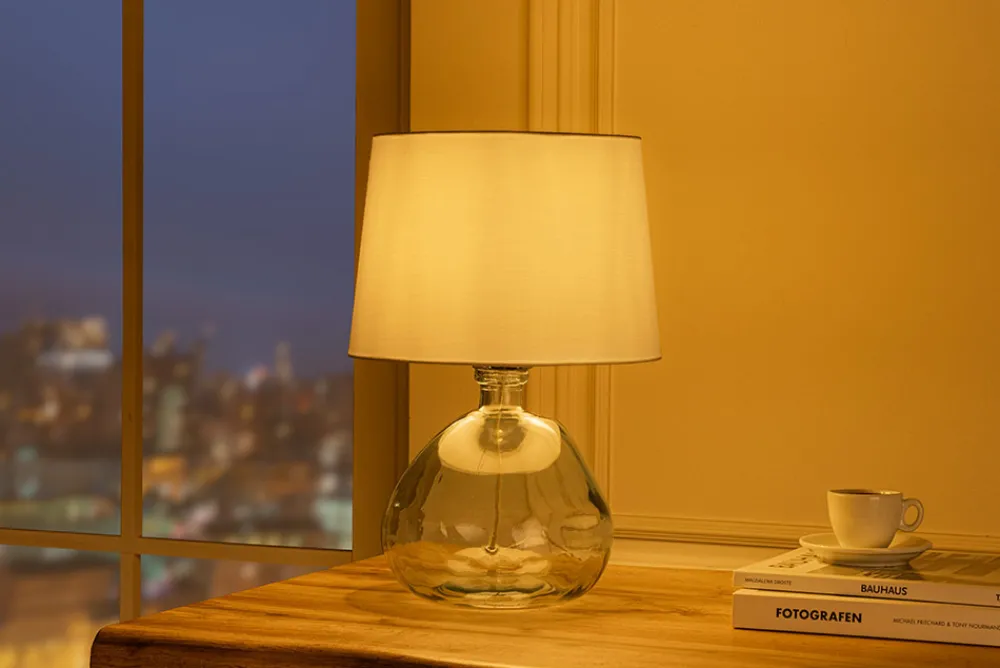 Riess-Ambiente Tischlampen > Moderne Tischlampe CLASSIC 45cm transparent recyceltes Glas weiß Stoffschirm