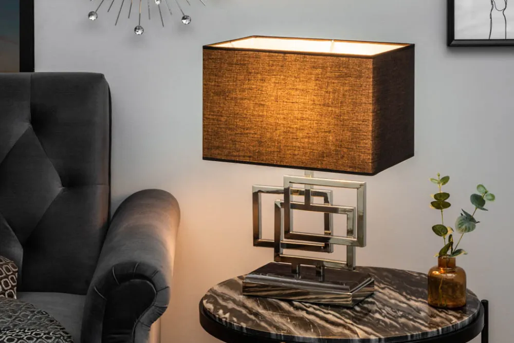 Riess-Ambiente Tischlampen > Moderne Tischleuchte ATLANTIS 56cm silber Stoffschirm schwarz Marmor Lampe