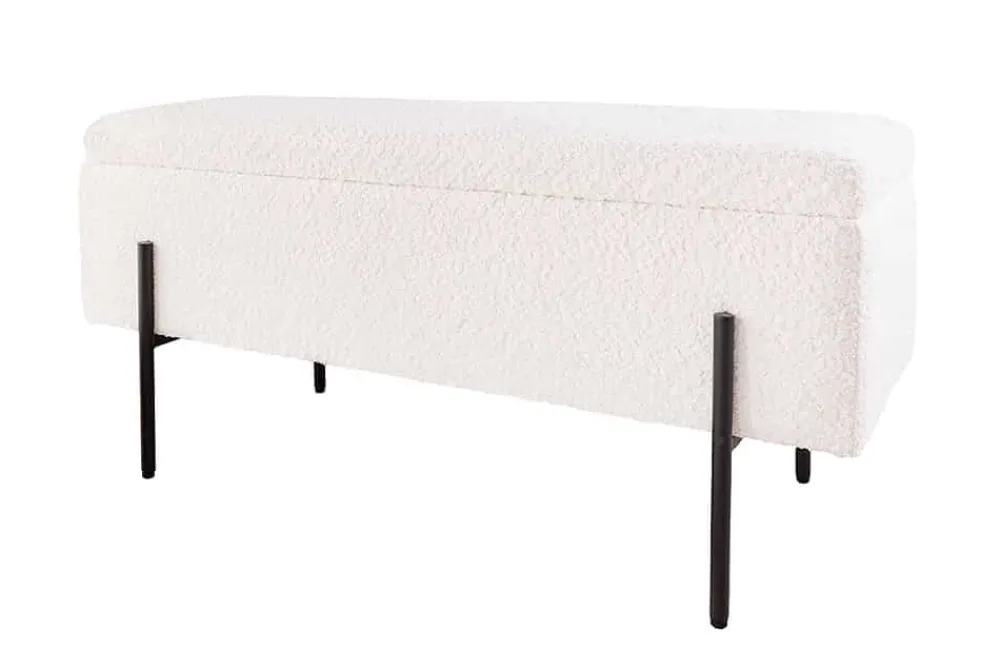 Riess-Ambiente Skandinavisch|Sitzbänke > Moderne Truhenbank LOFT 100cm weiß Bouclé Sitzbank mit Stauraum gepolstert schwarz Metall