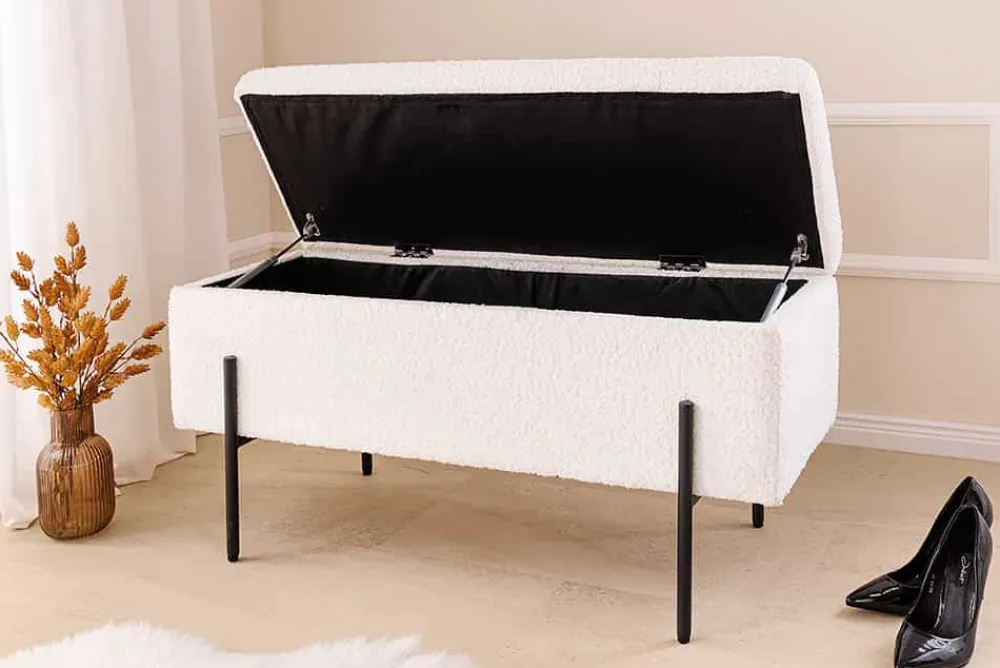 Riess-Ambiente Skandinavisch|Sitzbänke > Moderne Truhenbank LOFT 100cm weiß Bouclé Sitzbank mit Stauraum gepolstert schwarz Metall