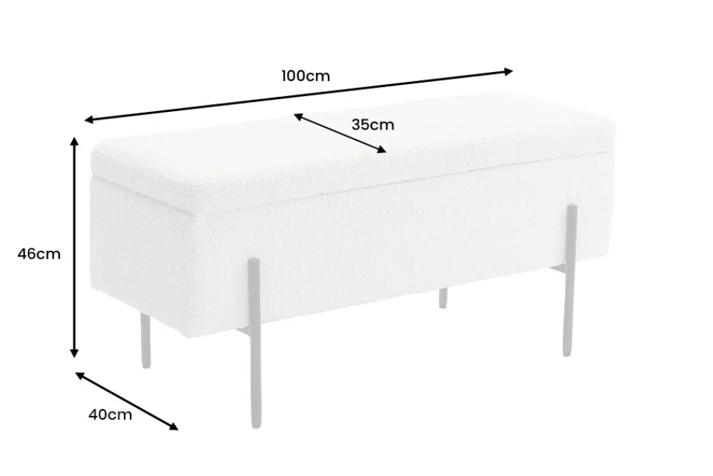 Riess-Ambiente Skandinavisch|Sitzbänke > Moderne Truhenbank LOFT 100cm weiß Bouclé Sitzbank mit Stauraum gepolstert schwarz Metall
