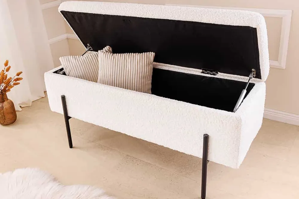 Riess-Ambiente Skandinavisch|Sitzbänke > Moderne Truhenbank LOFT 100cm weiß Bouclé Sitzbank mit Stauraum gepolstert schwarz Metall