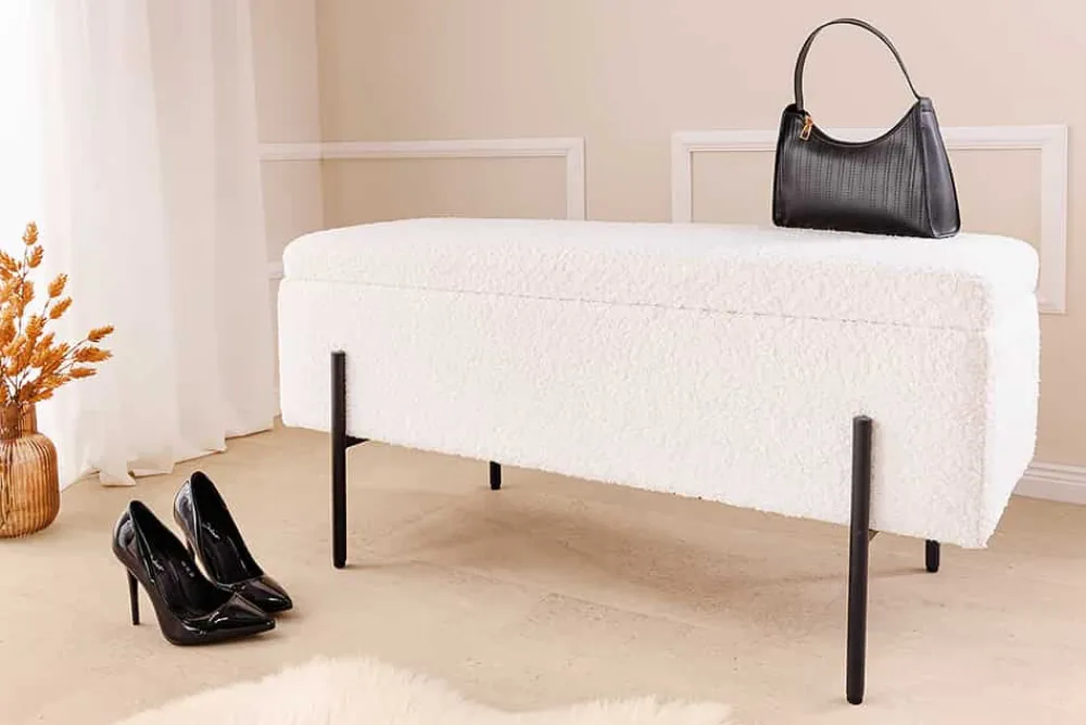 Riess-Ambiente Skandinavisch|Sitzbänke > Moderne Truhenbank LOFT 100cm weiß Bouclé Sitzbank mit Stauraum gepolstert schwarz Metall