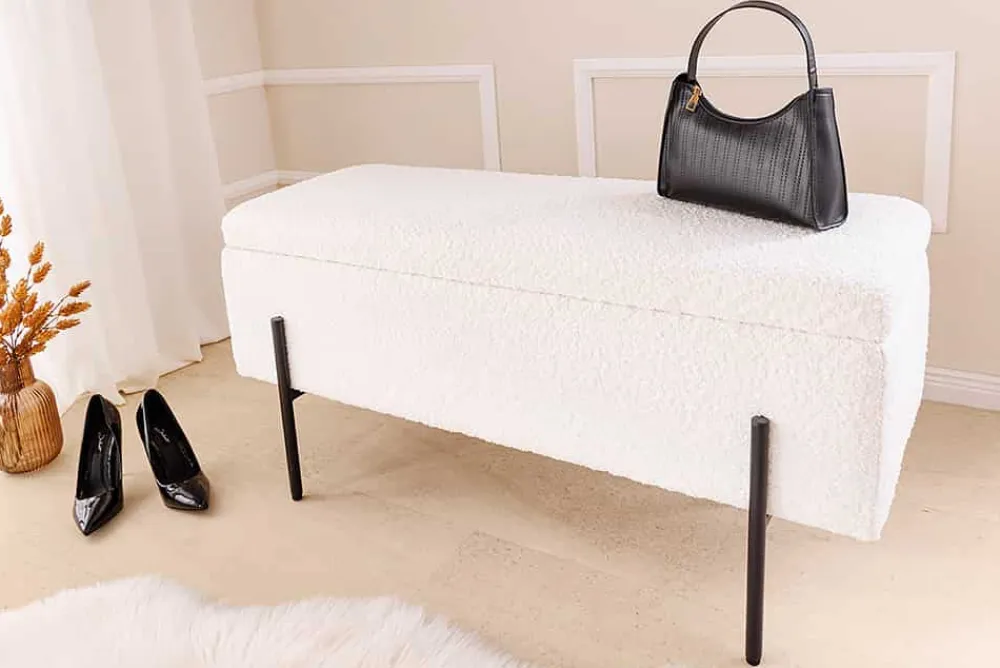 Riess-Ambiente Skandinavisch|Sitzbänke > Moderne Truhenbank LOFT 100cm weiß Bouclé Sitzbank mit Stauraum gepolstert schwarz Metall