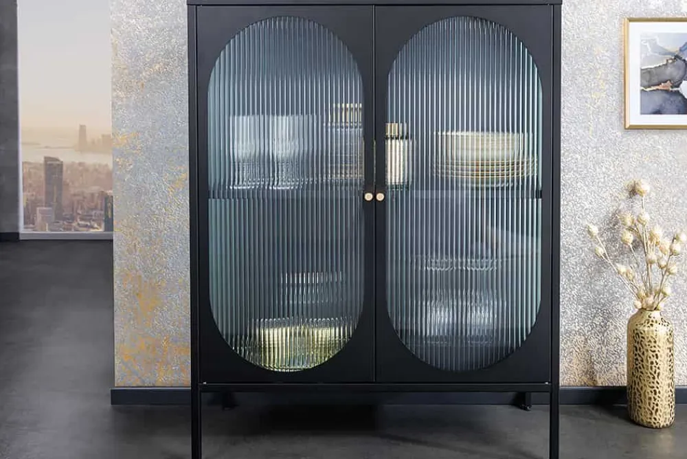 Riess-Ambiente Vitrinen|Sideboards & Kommoden > Moderne Vitrine PARIS 110cm schwarz gold Riffelglas Metall Sideboard Schrank