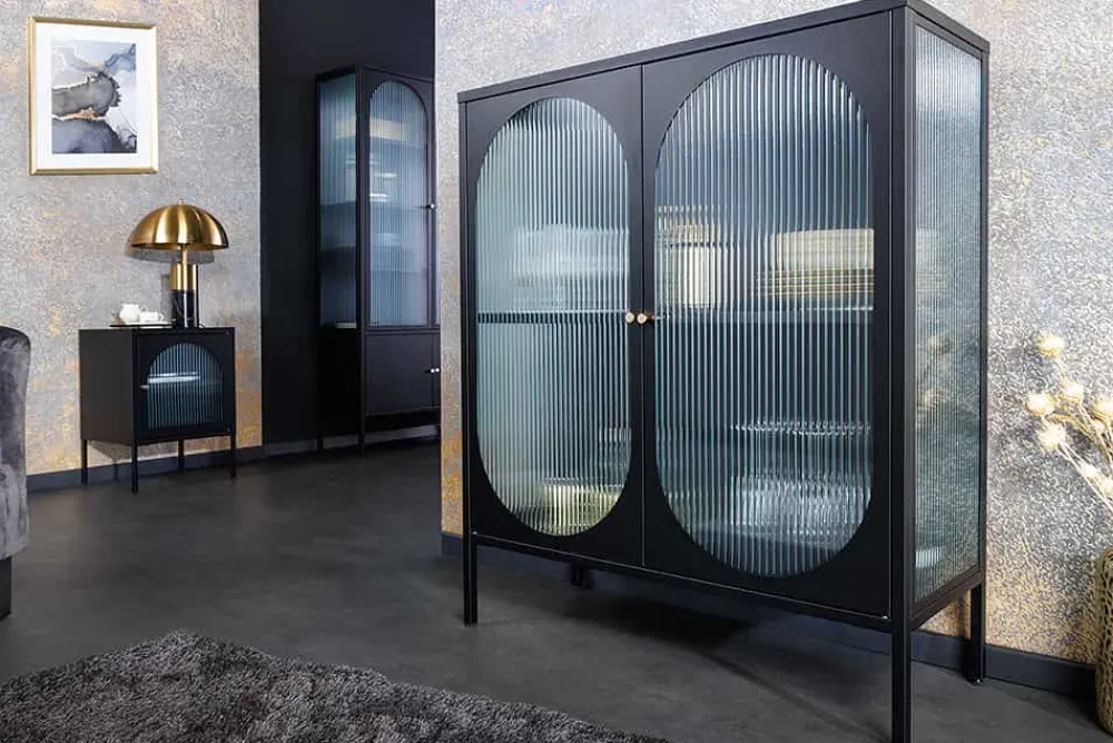 Riess-Ambiente Vitrinen|Sideboards & Kommoden > Moderne Vitrine PARIS 110cm schwarz gold Riffelglas Metall Sideboard Schrank