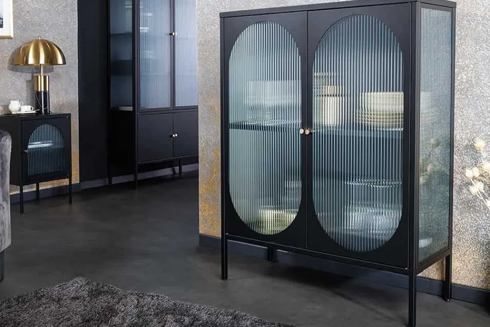 Riess-Ambiente Vitrinen|Sideboards & Kommoden > Moderne Vitrine PARIS 110cm schwarz gold Riffelglas Metall Sideboard Schrank