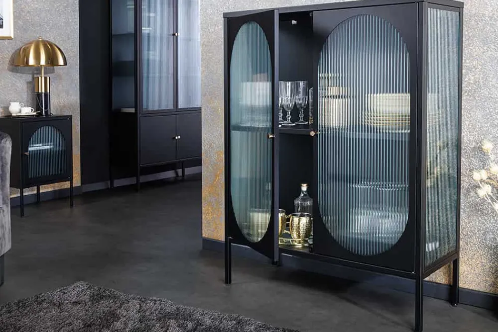 Riess-Ambiente Vitrinen|Sideboards & Kommoden > Moderne Vitrine PARIS 110cm schwarz gold Riffelglas Metall Sideboard Schrank