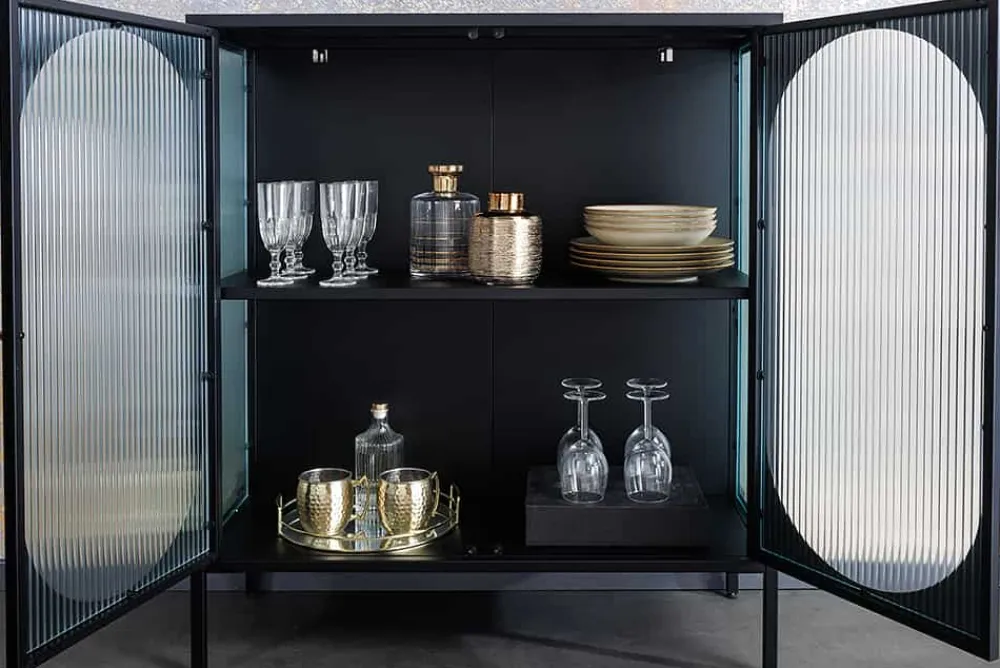 Riess-Ambiente Vitrinen|Sideboards & Kommoden > Moderne Vitrine PARIS 110cm schwarz gold Riffelglas Metall Sideboard Schrank