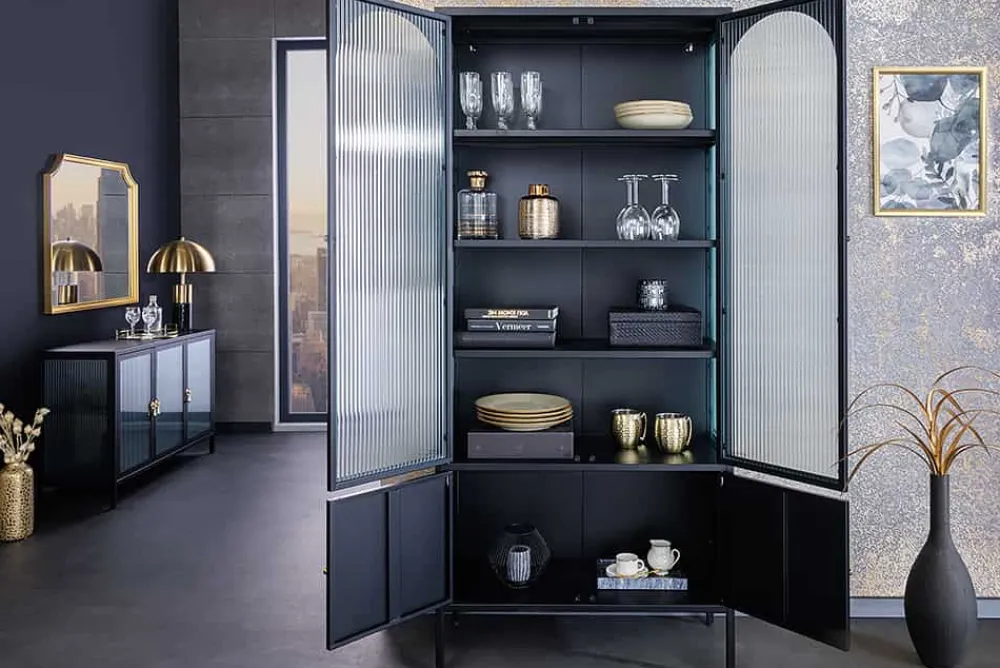 Riess-Ambiente Vitrinen > Moderne Vitrine PARIS 180cm schwarz gold Riffelglas Metall Highboard Schrank
