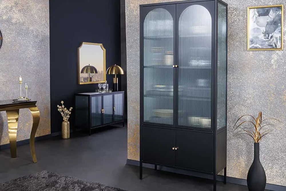 Riess-Ambiente Vitrinen > Moderne Vitrine PARIS 180cm schwarz gold Riffelglas Metall Highboard Schrank