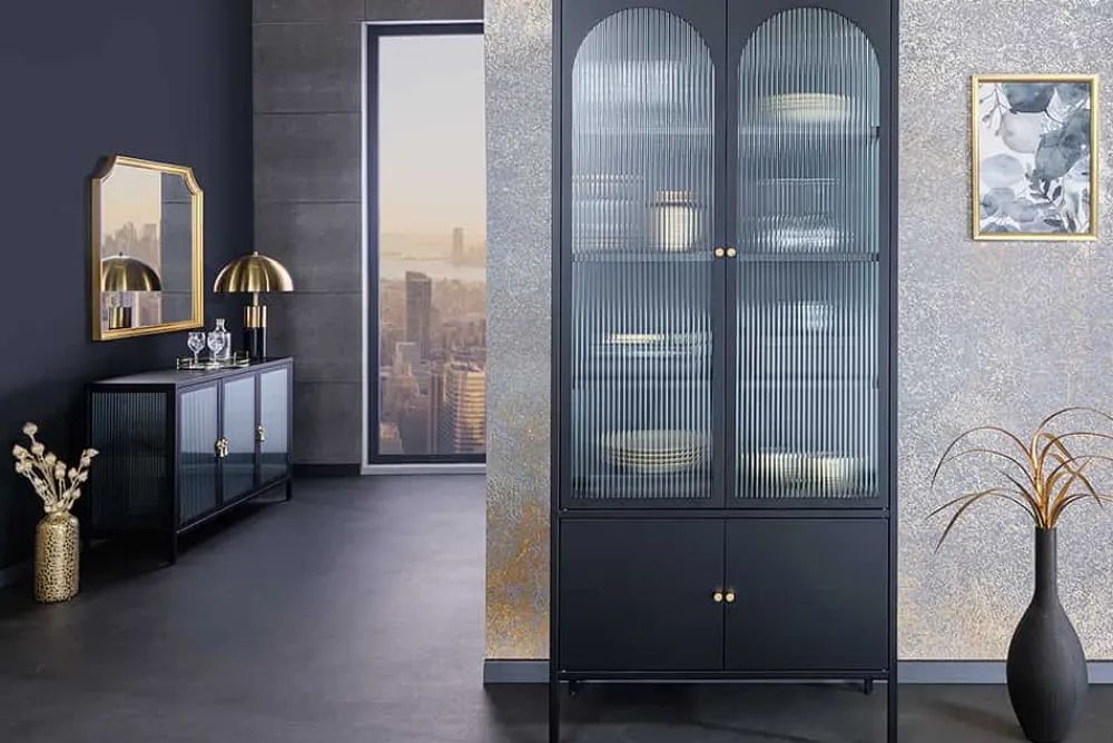 Riess-Ambiente Vitrinen > Moderne Vitrine PARIS 180cm schwarz gold Riffelglas Metall Highboard Schrank
