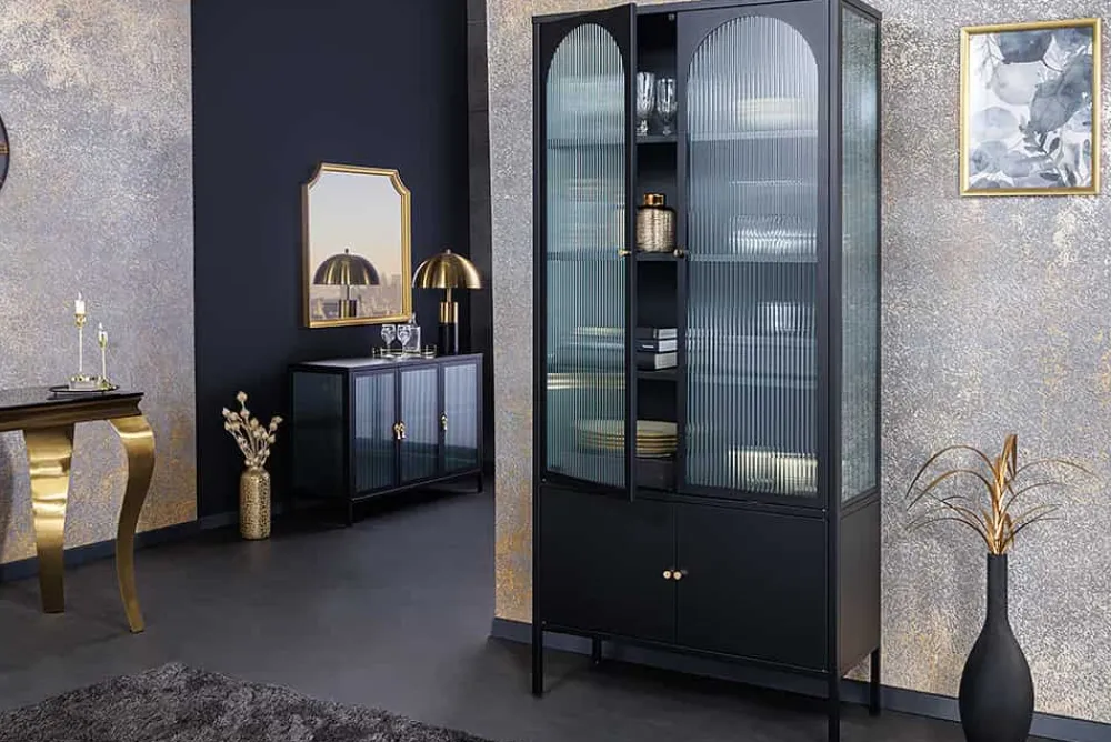 Riess-Ambiente Vitrinen > Moderne Vitrine PARIS 180cm schwarz gold Riffelglas Metall Highboard Schrank