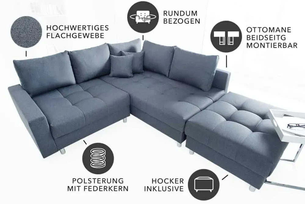 Riess-Ambiente Ecksofa > Moderne Wohnlandschaft KENT 220cm anthrazit Ecksofa Federkern inkl. Hocker und Kissen