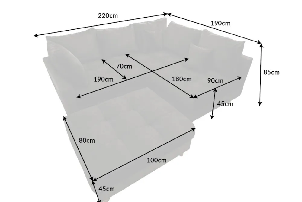Riess-Ambiente Samt Möbel|Xxl Sofa > Moderne Wohnlandschaft KENT 220cm grau Samt Ecksofa Federkern inkl. Hocker und Kissen