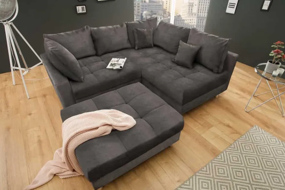 Riess-Ambiente Samt Möbel|Xxl Sofa > Moderne Wohnlandschaft KENT 220cm grau Samt Ecksofa Federkern inkl. Hocker und Kissen