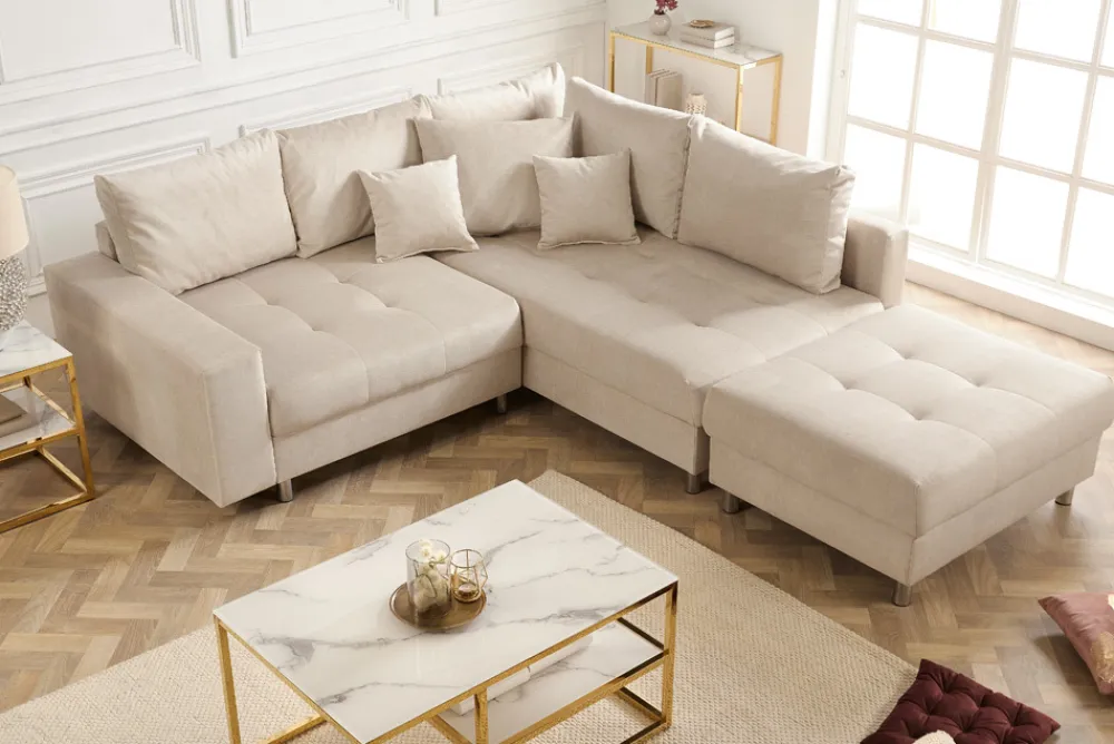 Riess-Ambiente Samt Möbel|Skandinavisch > Moderne Wohnlandschaft KENT 220cm champagner beige Vogue Velours Samt Federkern mit Hocker