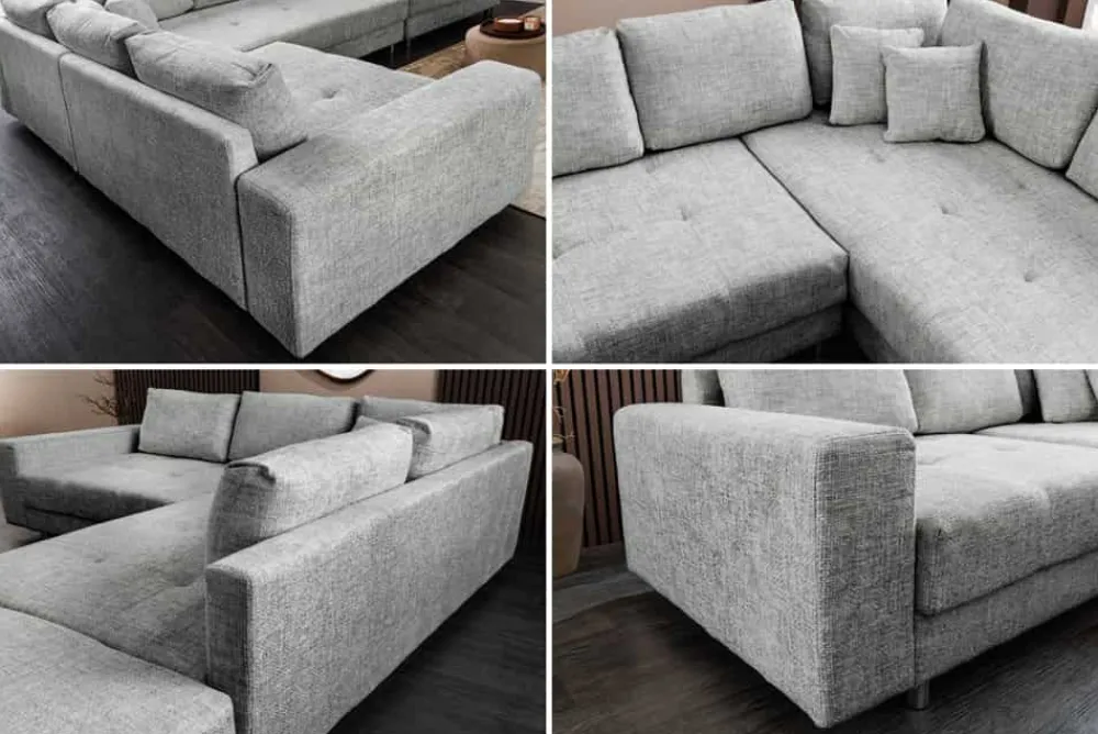 Riess-Ambiente Skandinavisch|Xxl Sofa > Moderne Wohnlandschaft KENT 220cm grau Strickstoff Ecksofa inkl. Hocker und Kissen