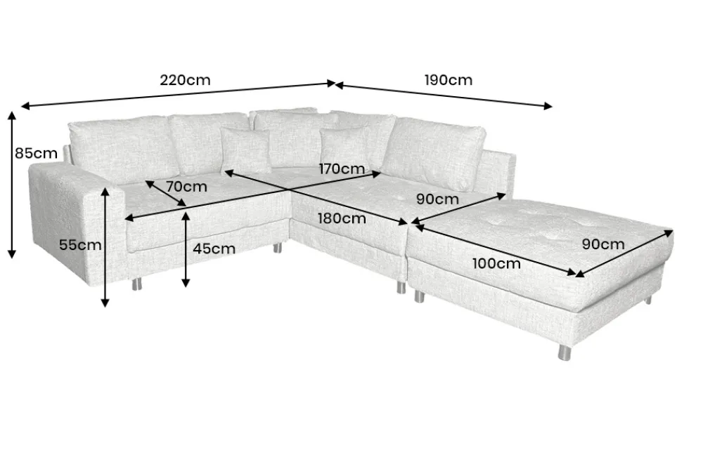 Riess-Ambiente Skandinavisch|Xxl Sofa > Moderne Wohnlandschaft KENT 220cm grau Strickstoff Ecksofa inkl. Hocker und Kissen