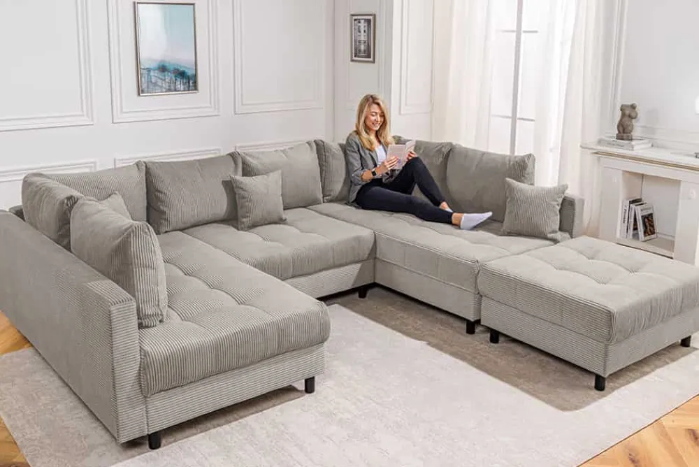 Riess-Ambiente Xxl Sofa > Moderne XXL Wohnlandschaft KENT 305cm greige Cord Bigsofa inkl. Hocker Federkern