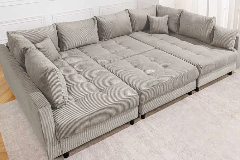 Riess-Ambiente Xxl Sofa > Moderne XXL Wohnlandschaft KENT 305cm greige Cord Bigsofa inkl. Hocker Federkern