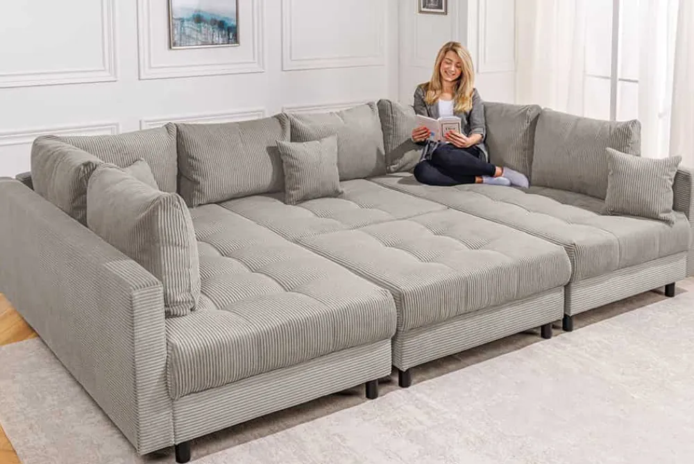 Riess-Ambiente Xxl Sofa > Moderne XXL Wohnlandschaft KENT 305cm greige Cord Bigsofa inkl. Hocker Federkern