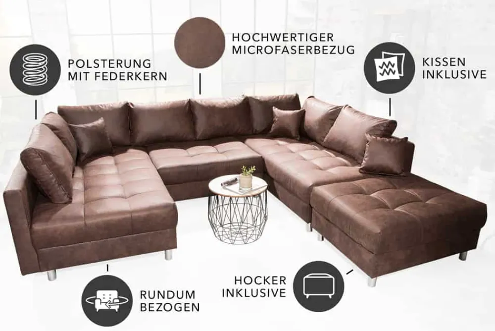 Riess-Ambiente Xxl Sofa|Ecksofa > Moderne XXL Wohnlandschaft KENT 305cm antik braun Federkern Bigsofa inkl. Hocker