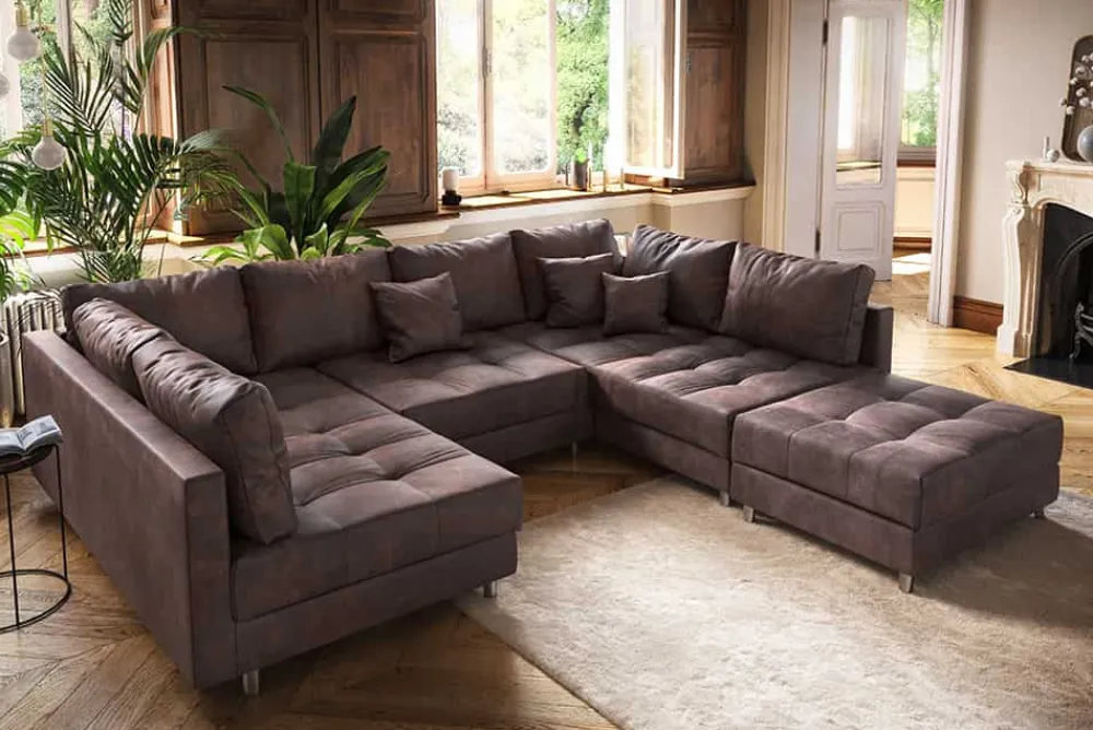 Riess-Ambiente Xxl Sofa|Ecksofa > Moderne XXL Wohnlandschaft KENT 305cm antik braun Federkern Bigsofa inkl. Hocker