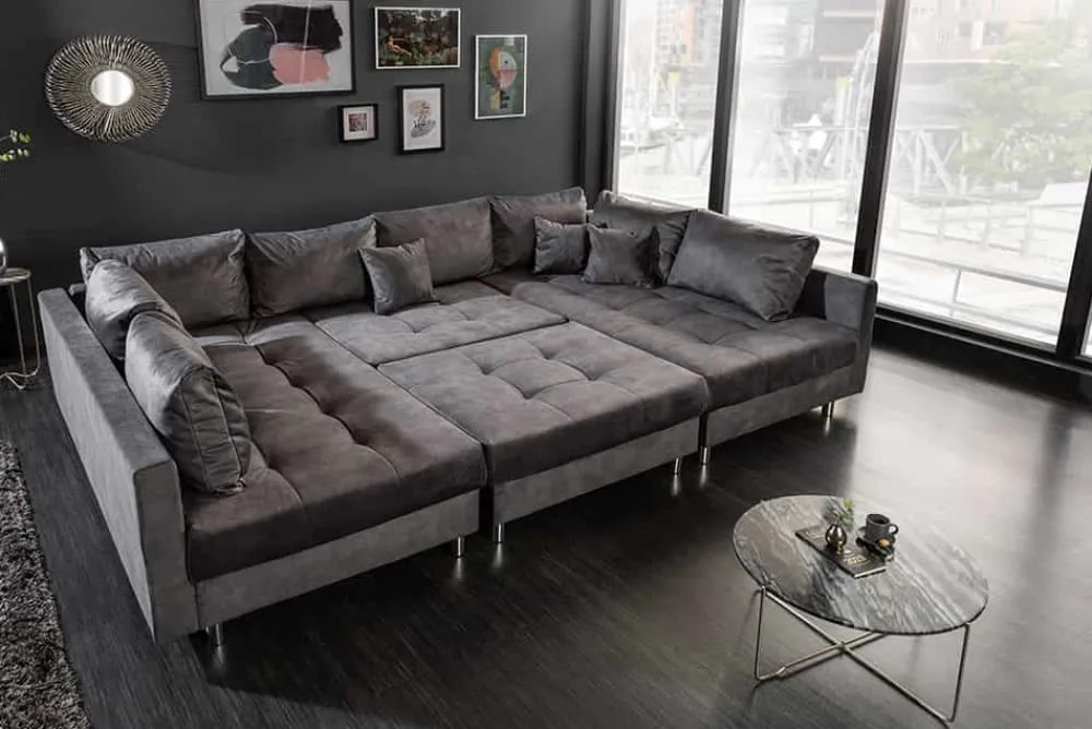 Riess-Ambiente Samt Möbel|Xxl Sofa > Moderne XXL Wohnlandschaft KENT 305cm grau Samt Bigsofa inkl. Hocker Federkern