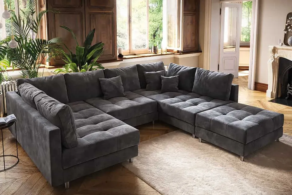 Riess-Ambiente Samt Möbel|Xxl Sofa > Moderne XXL Wohnlandschaft KENT 305cm grau Samt Bigsofa inkl. Hocker Federkern