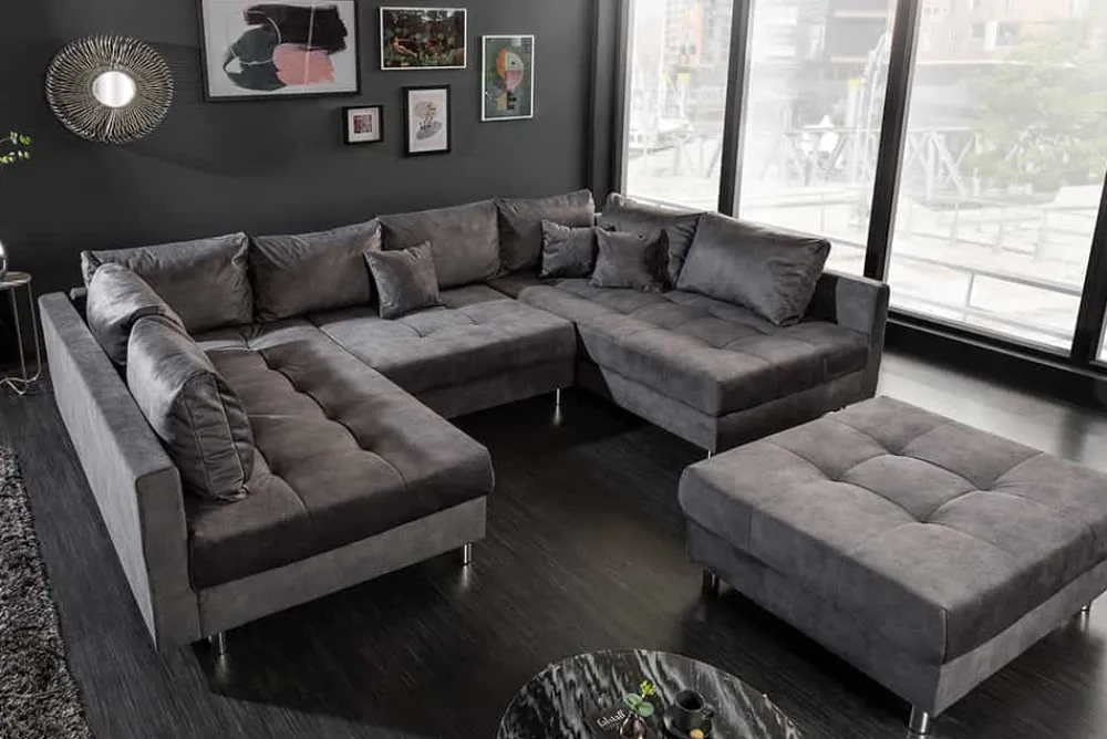 Riess-Ambiente Samt Möbel|Xxl Sofa > Moderne XXL Wohnlandschaft KENT 305cm grau Samt Bigsofa inkl. Hocker Federkern