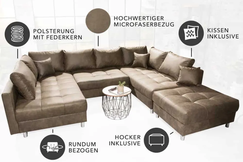 Riess-Ambiente Xxl Sofa|Ecksofa > Moderne XXL Wohnlandschaft KENT 305cm taupe Federkern Bigsofa inkl. Hocker