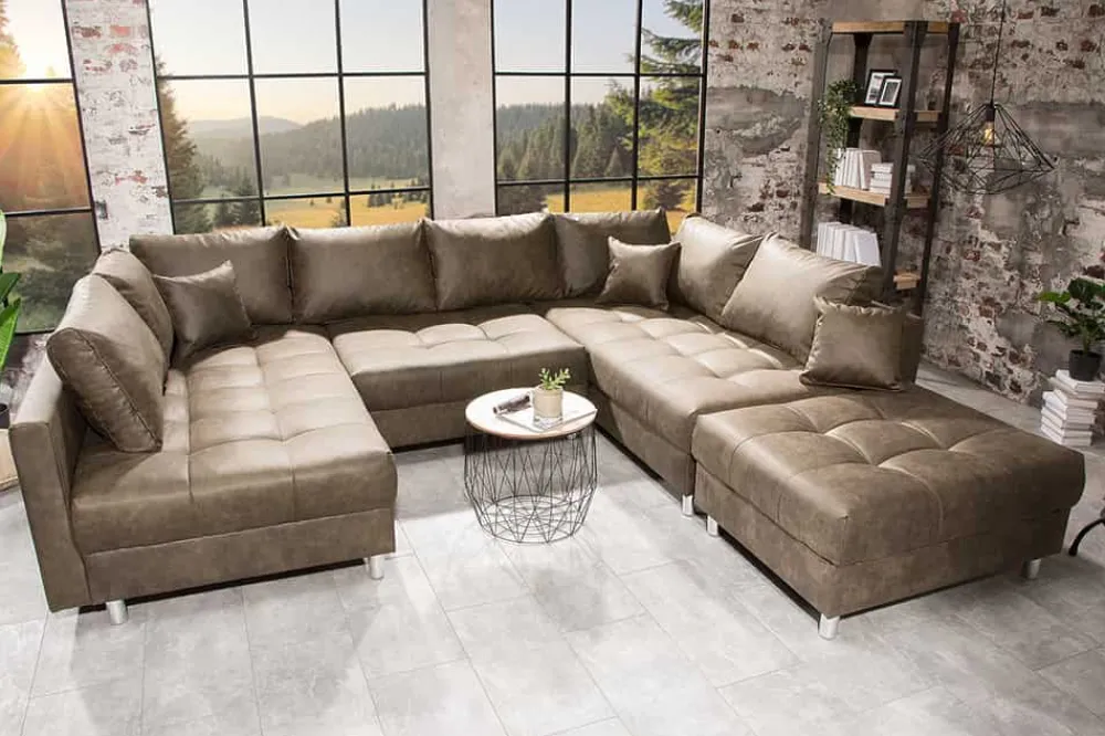 Riess-Ambiente Xxl Sofa|Ecksofa > Moderne XXL Wohnlandschaft KENT 305cm taupe Federkern Bigsofa inkl. Hocker