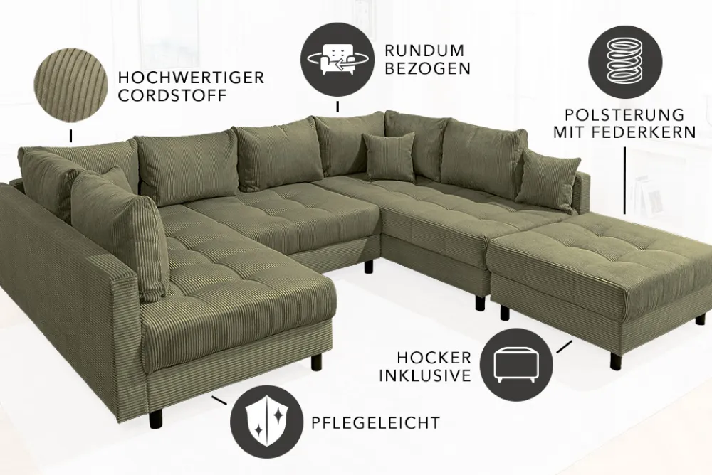 Riess-Ambiente Xxl Sofa > Moderne XXL Wohnlandschaft KENT 305cm grün Cord Bigsofa inkl. Hocker Federkern