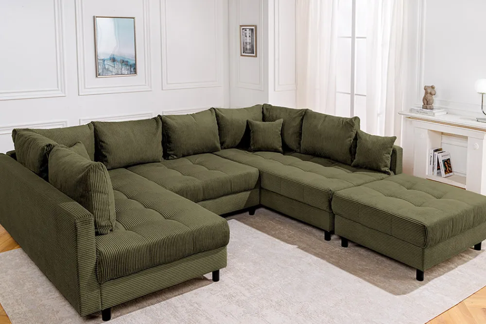 Riess-Ambiente Xxl Sofa > Moderne XXL Wohnlandschaft KENT 305cm grün Cord Bigsofa inkl. Hocker Federkern