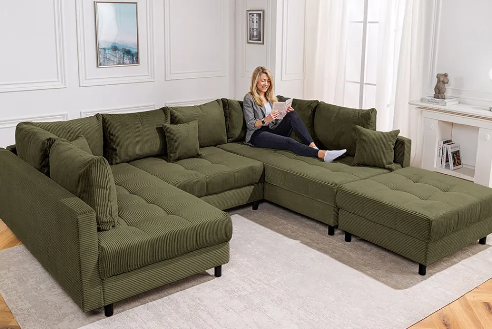 Riess-Ambiente Xxl Sofa > Moderne XXL Wohnlandschaft KENT 305cm grün Cord Bigsofa inkl. Hocker Federkern