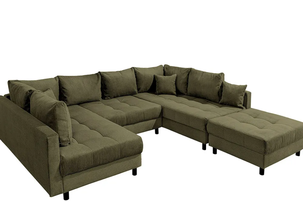 Riess-Ambiente Xxl Sofa > Moderne XXL Wohnlandschaft KENT 305cm grün Cord Bigsofa inkl. Hocker Federkern