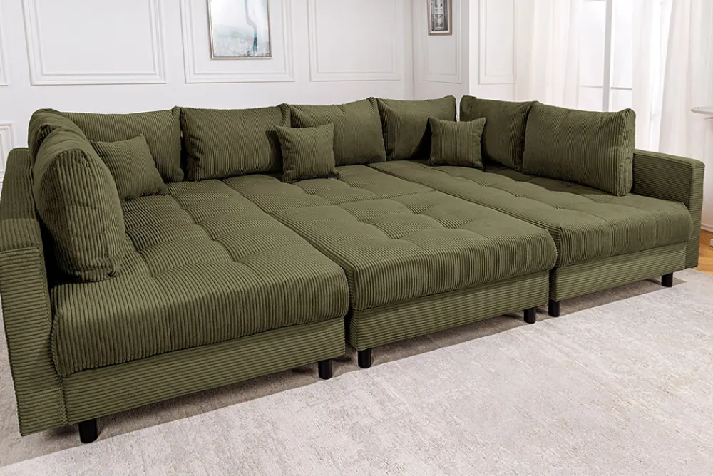 Riess-Ambiente Xxl Sofa > Moderne XXL Wohnlandschaft KENT 305cm grün Cord Bigsofa inkl. Hocker Federkern
