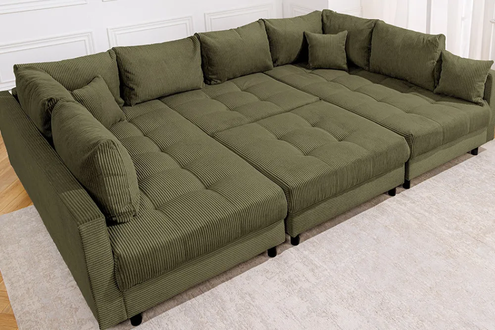 Riess-Ambiente Xxl Sofa > Moderne XXL Wohnlandschaft KENT 305cm grün Cord Bigsofa inkl. Hocker Federkern