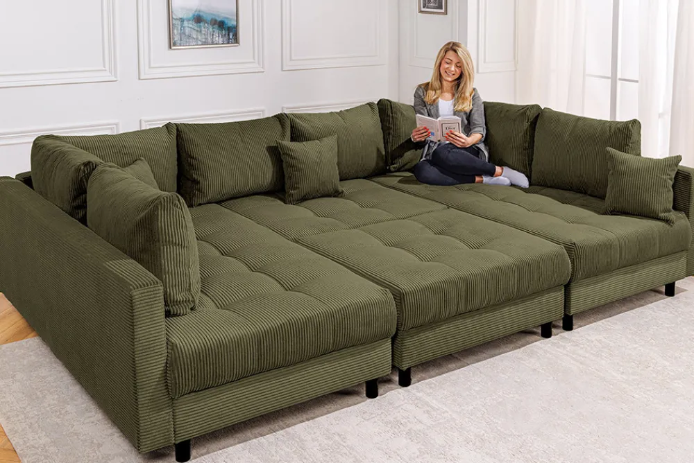 Riess-Ambiente Xxl Sofa > Moderne XXL Wohnlandschaft KENT 305cm grün Cord Bigsofa inkl. Hocker Federkern