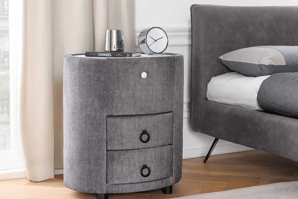 Riess-Ambiente Samt Möbel|Retro Möbel > Nachttisch SIGNUM 55cm oval grau Vogue Seiden Samtstoff inkl. Beleuchtung Schubladen