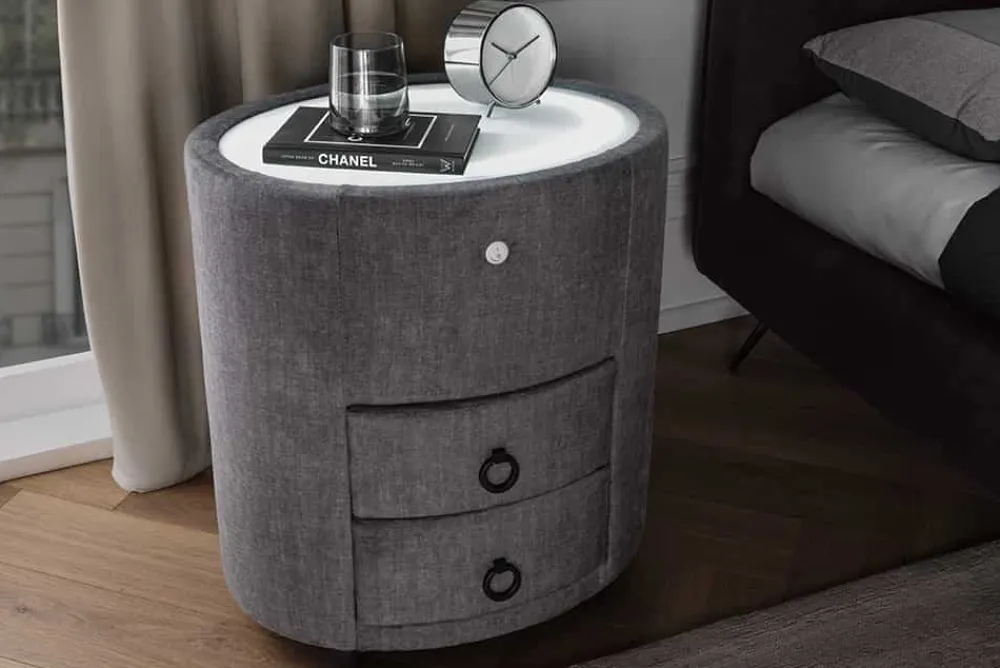 Riess-Ambiente Samt Möbel|Retro Möbel > Nachttisch SIGNUM 55cm oval grau Vogue Seiden Samtstoff inkl. Beleuchtung Schubladen