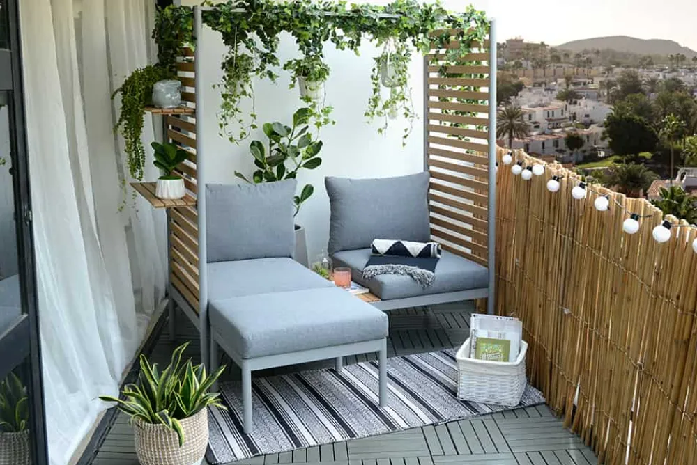 Riess-Ambiente Sitzgruppen|Sitzbänke > Outdoor Balkonlounge 2-Sitzer COCOONING anthrazit Aluminium Holz mit Hocker wetterfest