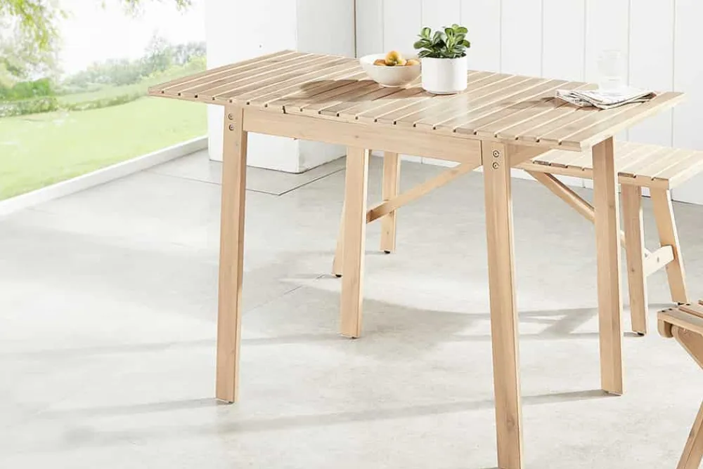 Riess-Ambiente Mehr...|Massivholztische > Outdoor Balkontisch BALI 110cm natur hell Akazienholz ausklappbar wetterfest