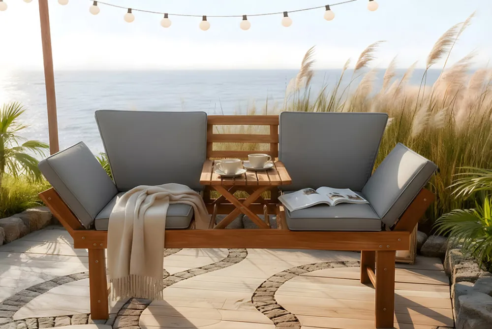 Riess-Ambiente Mehr...|Skandinavisch > Outdoor Garten Sitzbank MODULAR 200cm natur grau Akazie mit Tisch inkl. Kissen klappbar
