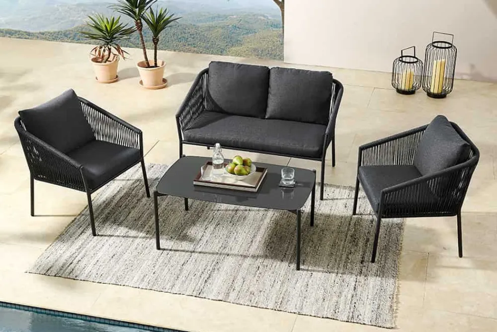 Riess-Ambiente Skandinavisch|Sitzgruppen > Outdoor Garten-Sitzgruppe AIRE ROPE anthrazit wetterfest inkl. Tisch und Kissen