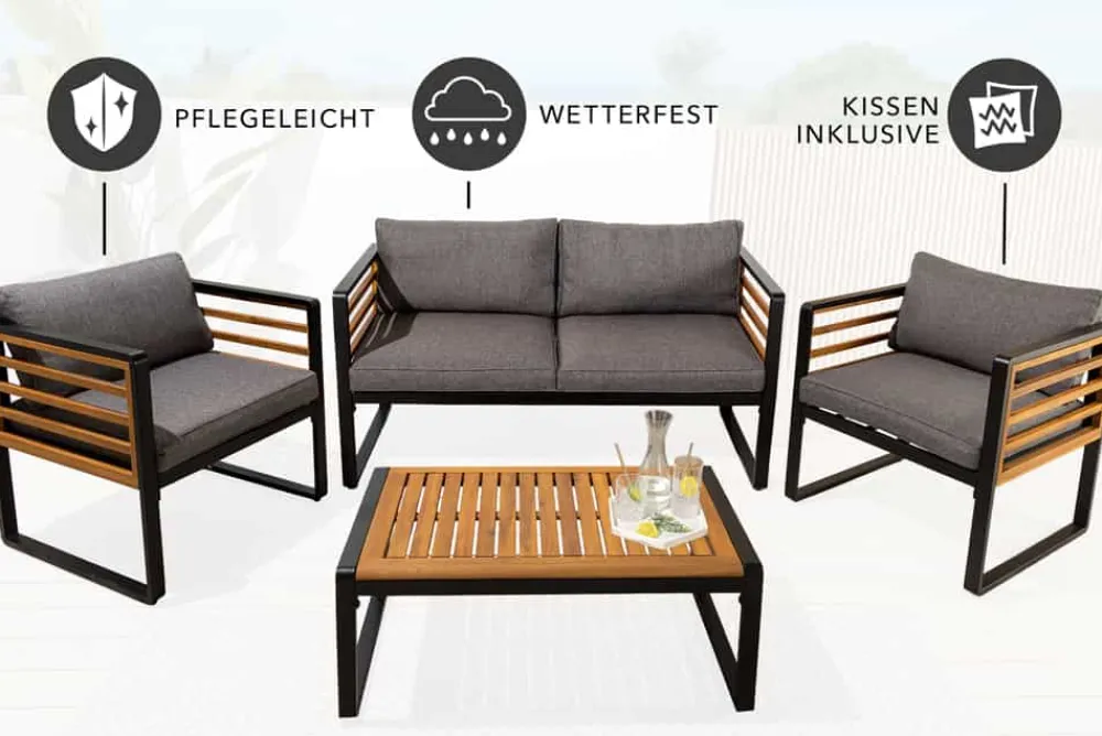 Riess-Ambiente Sitzgruppen > Outdoor Garten-Sitzgruppe PURE grau natur Akazie schwarz Metall inkl. Tisch Sitzpolster